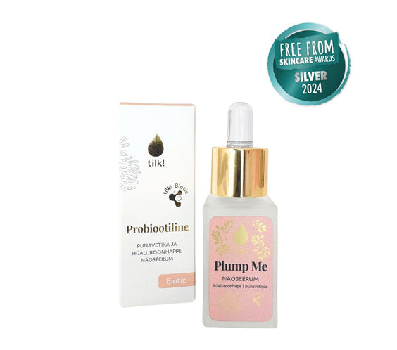 Plump Me Probiotic Moisturising Face Serum 15ml glass dropper bottle labeled hyaluronic acid red algae travel-friendly