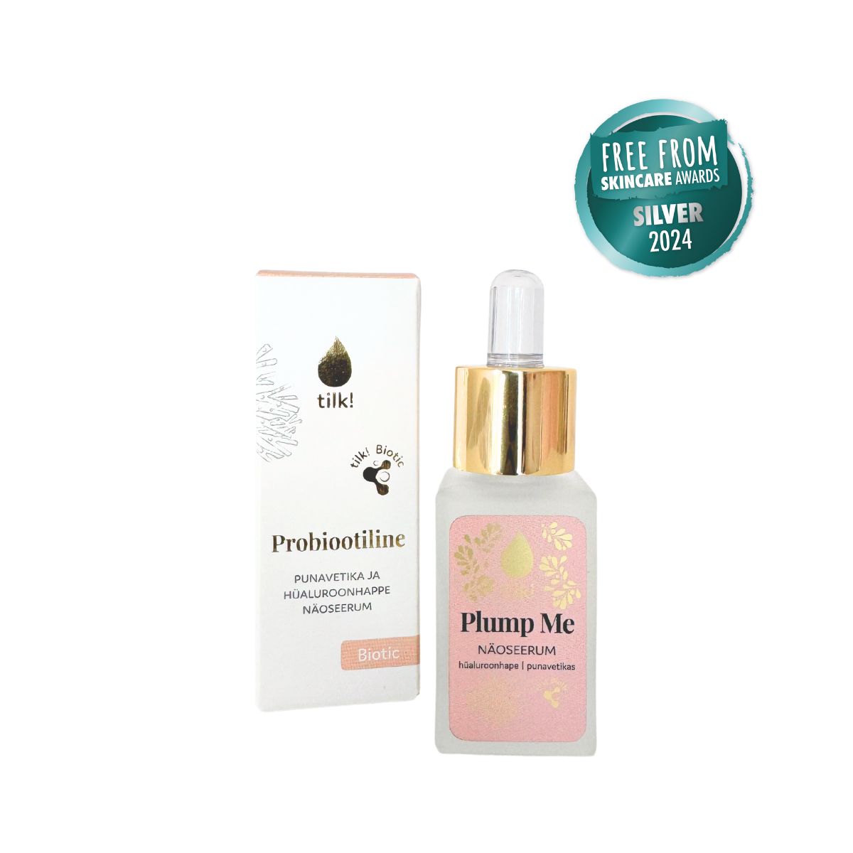 Plump Me Probiotic Moisturising Face Serum 15ml glass dropper bottle labeled hyaluronic acid red algae travel-friendly