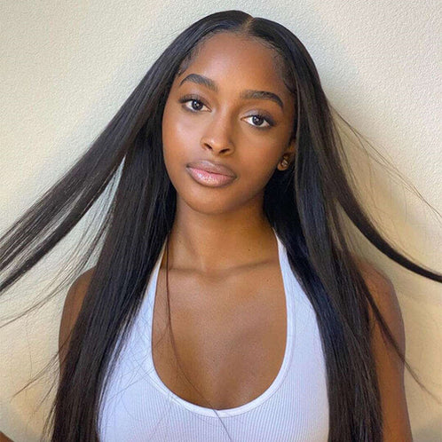 13x4 straight lace front wig 100% human hair Natural Black #1B with pre-plucked hairline and transparent lace