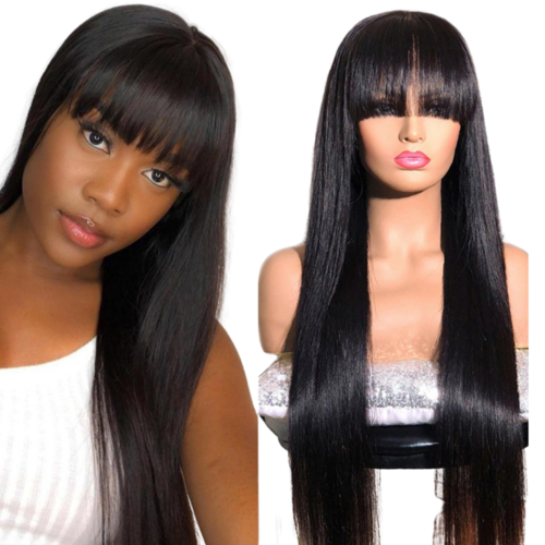 Straight Brazilian Remy lace part wig with bangs natural black 10-30 inch average cap