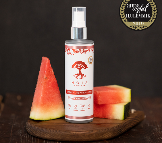 Organic Watermelon Spray 100ml bottle labeled Citrullus Vulgaris fruit water vegan preservative-free made in Estonia