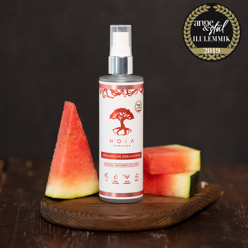 Organic Watermelon Spray 100ml bottle labeled Citrullus Vulgaris fruit water vegan preservative-free made in Estonia