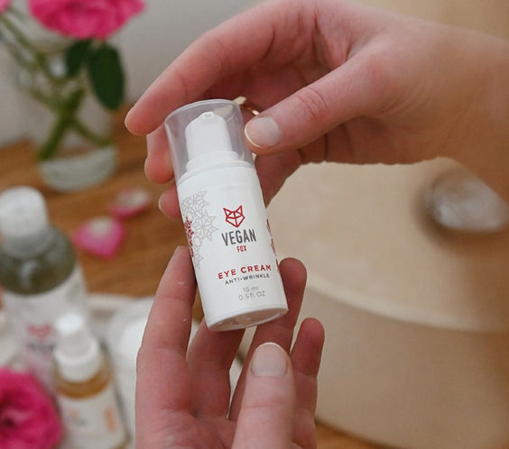 Anti-Wrinkle Eye Cream 15 ml bottle labeled Vegan Fox 96% natural vegan formula in 100% recycled plastic