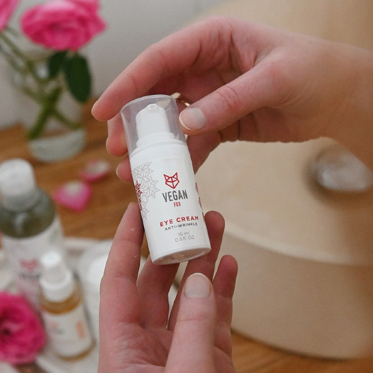 Anti-Wrinkle Eye Cream 15 ml bottle labeled Vegan Fox 96% natural vegan formula in 100% recycled plastic