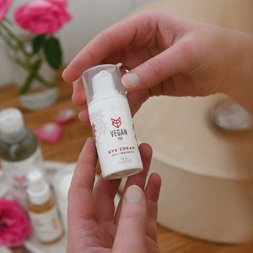 Anti-Wrinkle Eye Cream 15 ml bottle labeled Vegan Fox 96% natural vegan formula in 100% recycled plastic