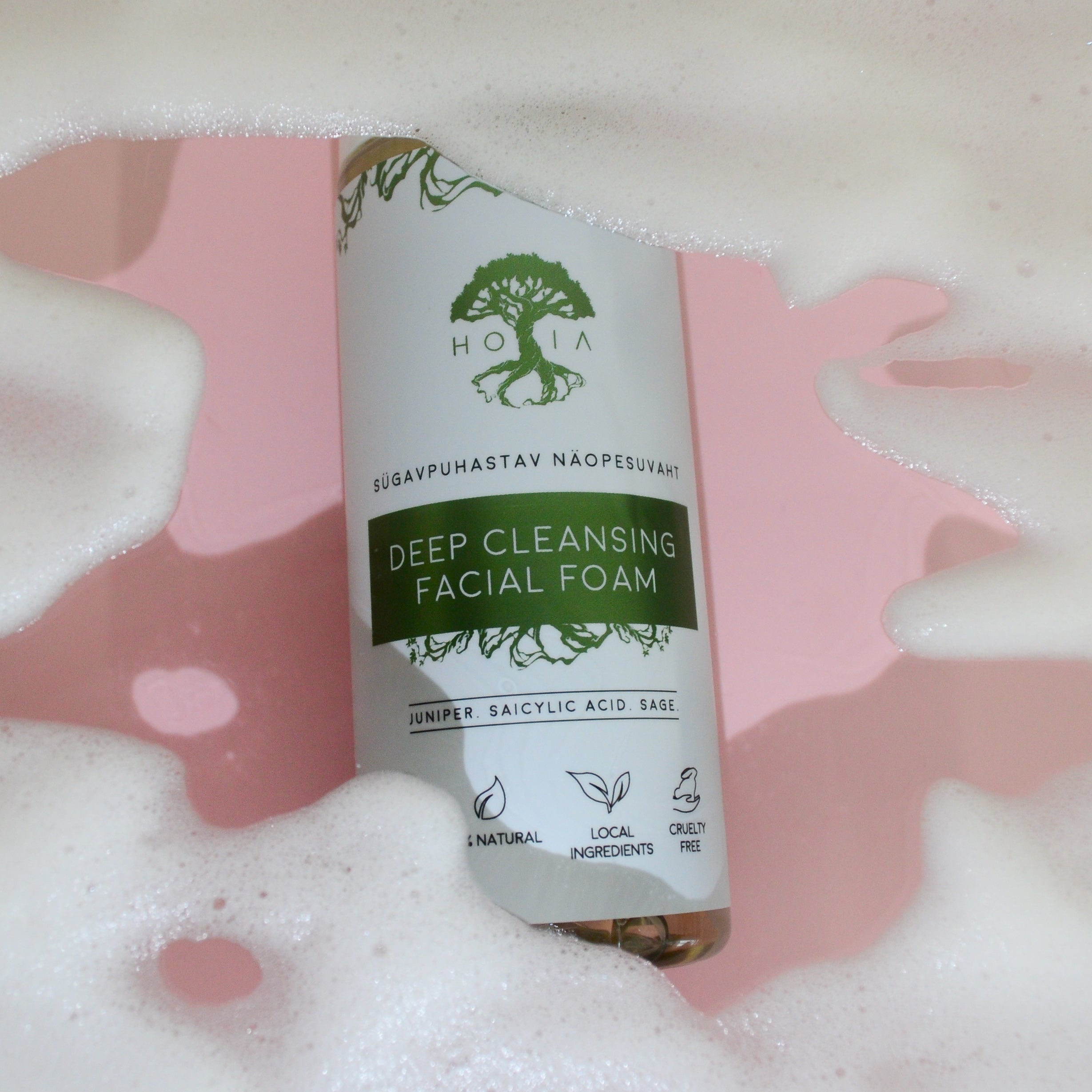 Deep Cleansing Facial Foam 150ml pump bottle labeled Juniper and Sage with Estonian yarrow and salicylic acid
