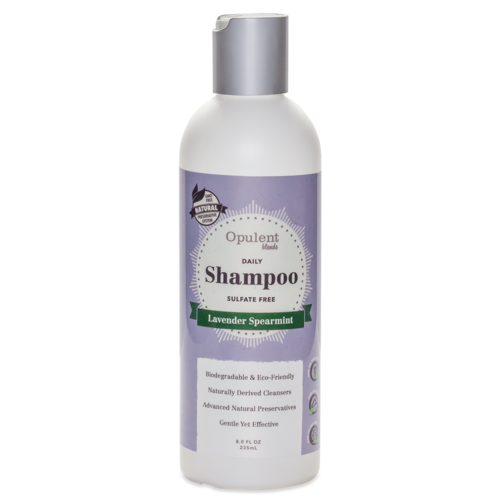 Lavender Spearmint Shampoo bottle labeled naturally derived cleaners gentle formula for soft strong hair