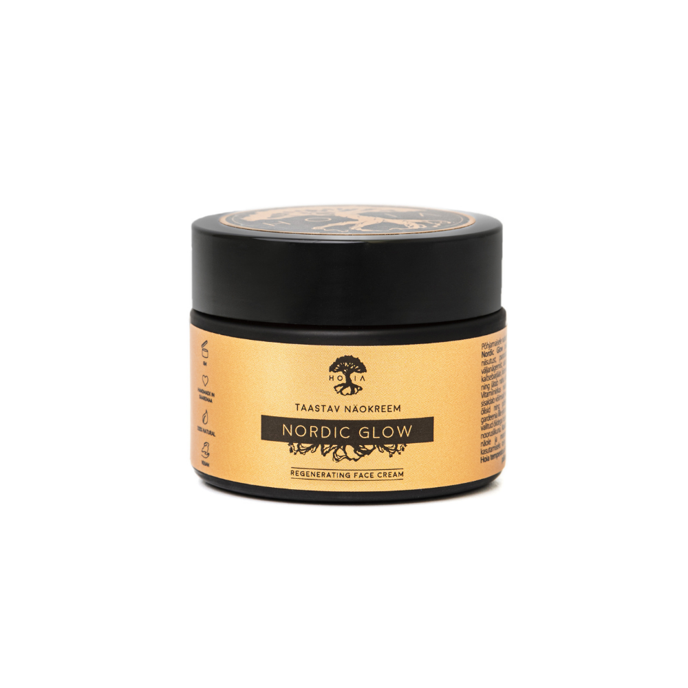 Nordic Glow HOIA water-free face cream jar 50 ml with botanical oils listed on label