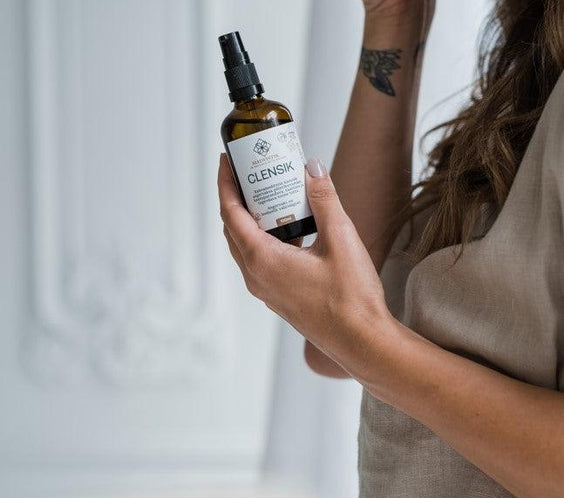 CLENSIK 100ml meadowsweet makeup removal oil bottle labeled handmade in Estonia with olive oil and herbal extract