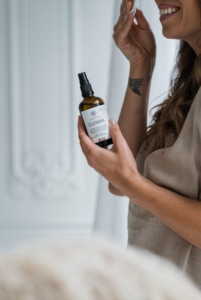 CLENSIK 100ml meadowsweet makeup removal oil bottle labeled handmade in Estonia with olive oil and herbal extract