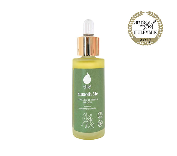 Smooth Me Juniper Face Oil 30ml bottle with dropper and label on neutral background