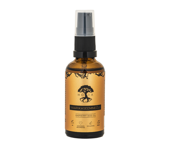 HOIA Raspberry Seed Oil 50 ml amber bottle labeled cold-pressed Rubus Idaeus seed oil produced in Estonia