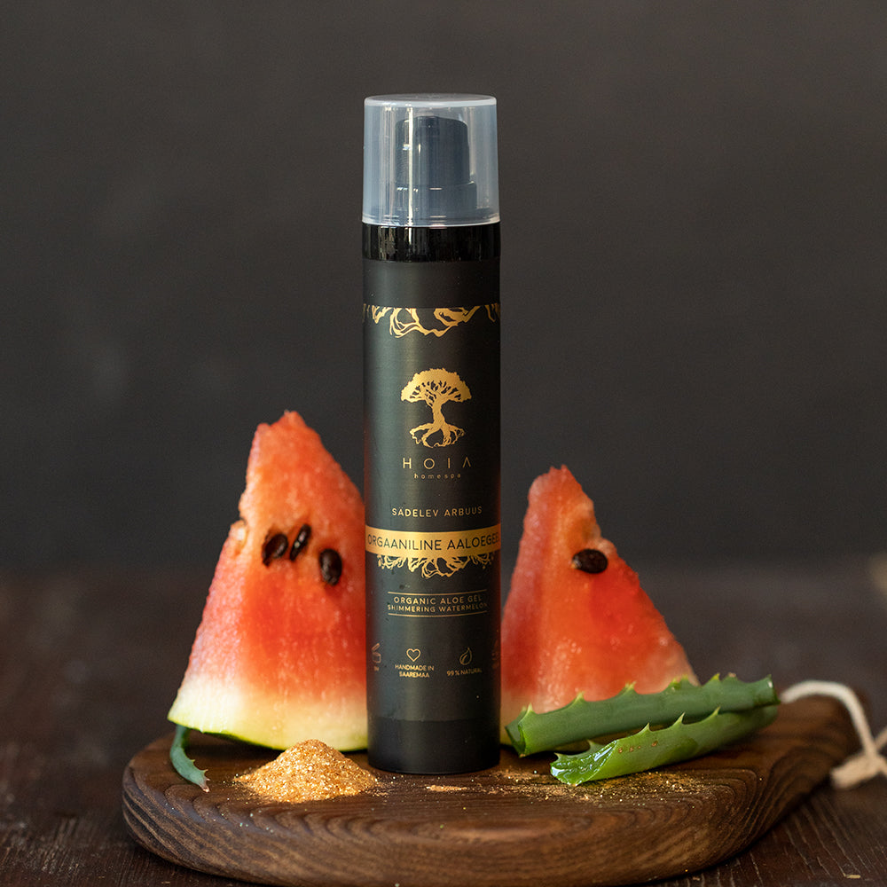 Organic Aloe Gel Shimmering Watermelon 50 ml tube with subtle pink shimmer and watermelon label