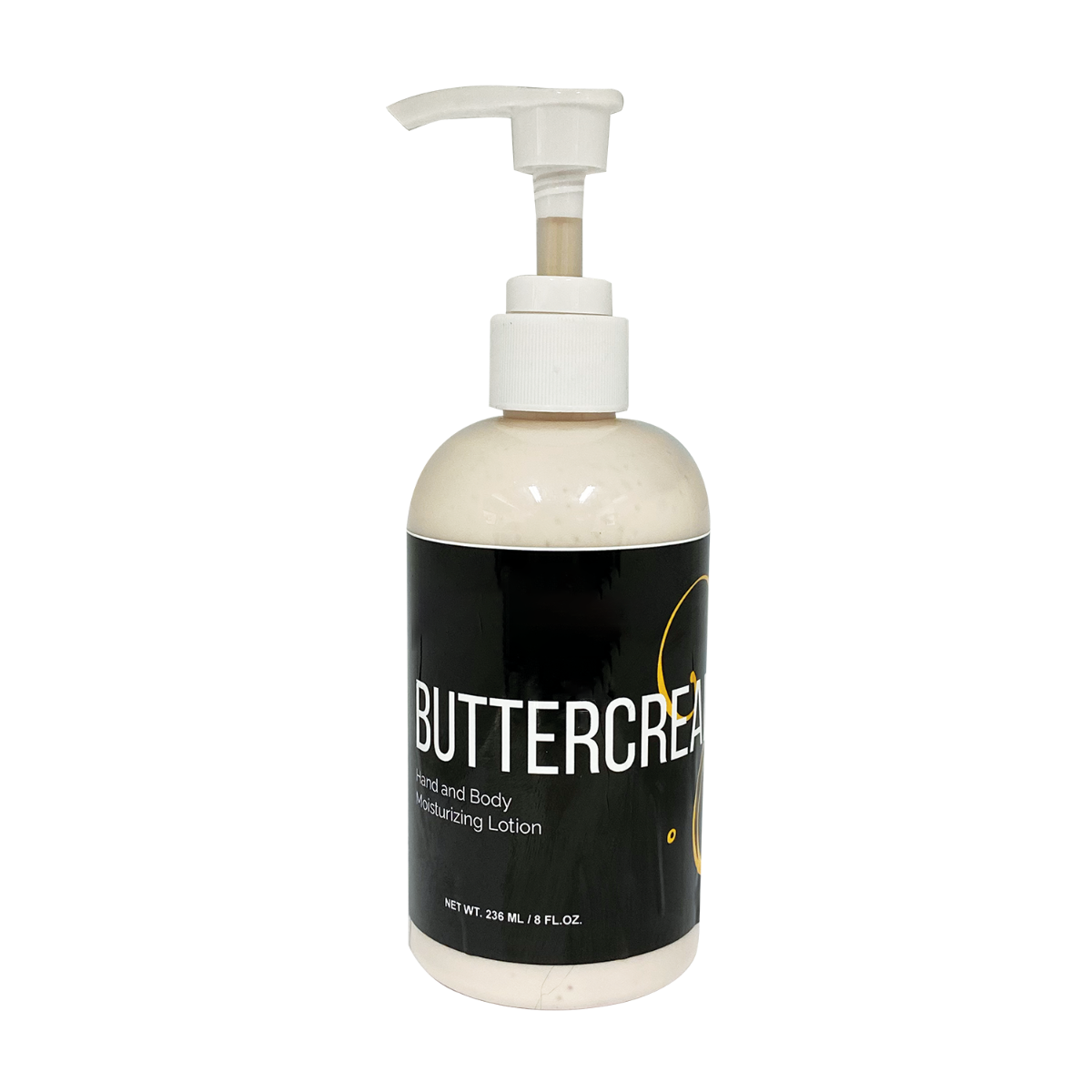 Buttercream Hand and Body Lotion 236 mL white pump bottle with Aloe Vera and paraben-free label