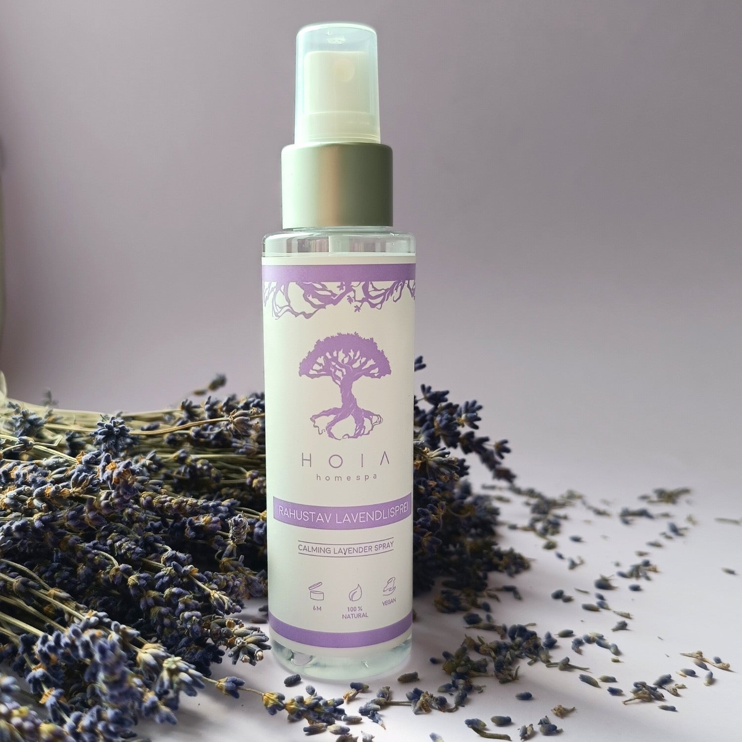 Calming Lavender Spray 100ml clear spray bottle labeled Lavandula angustifolia distillate water 100% natural