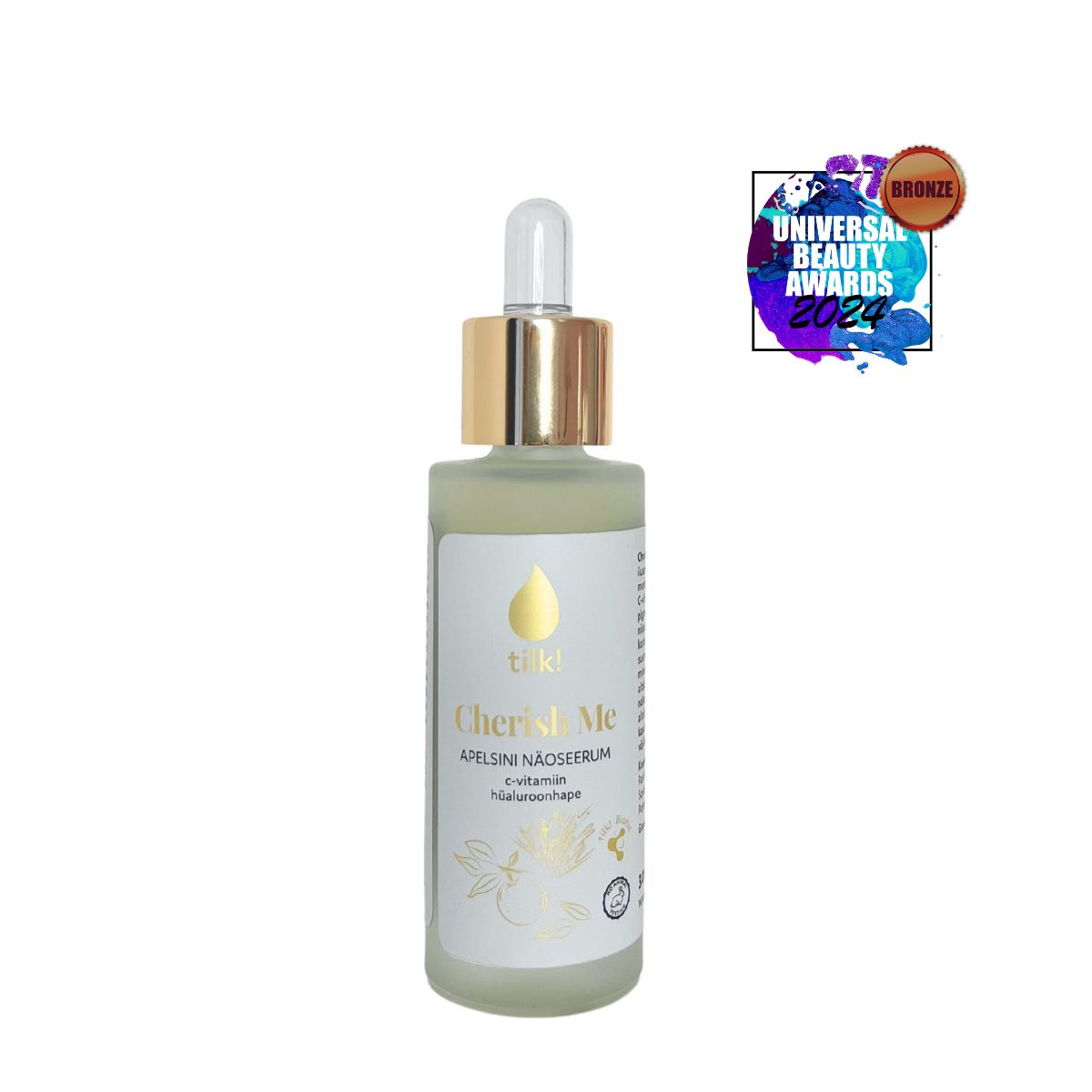 Cherish Me Probiotic Orange Face Serum 30ml amber dropper bottle labeled Vitamin C Hyaluronic Acid probiotics
