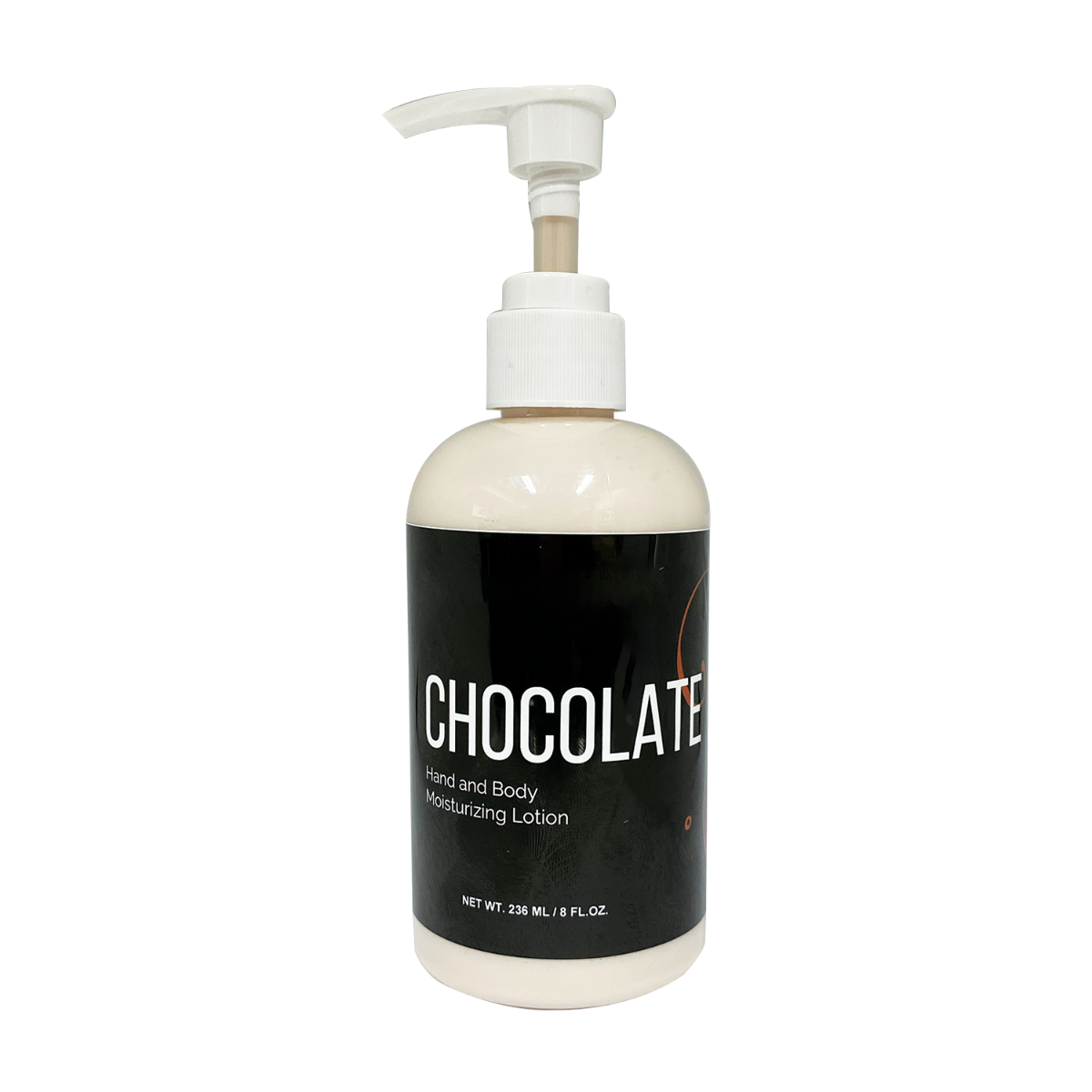 Chocolate Hand and Body Lotion 236 mL white pump bottle labeled paraben-free cruelty-free with Aloe Vera