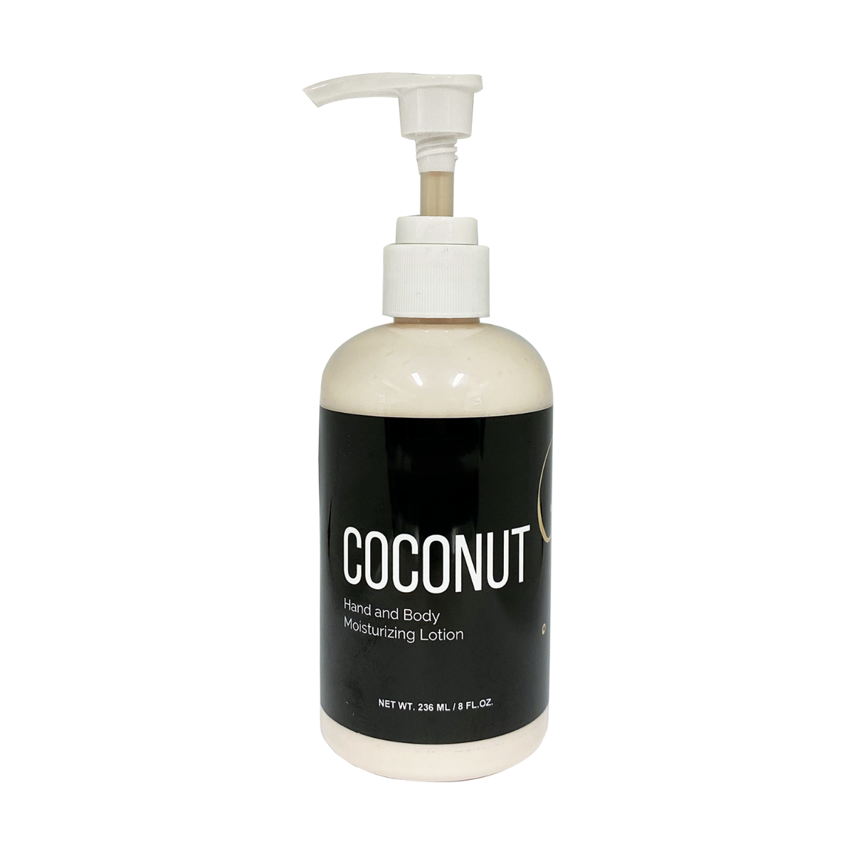 Hand and Body Lotion Coconut 236 mL pump bottle with white label indicating paraben-free fast-absorbing formula