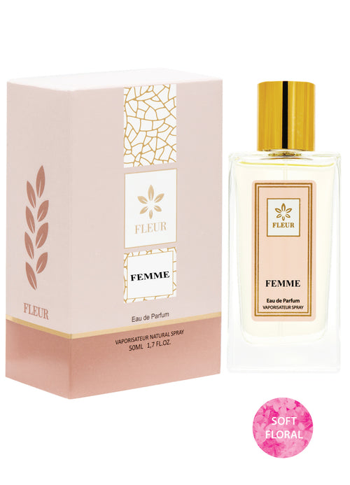 FEMME Eau de Parfum bottle labeled FEMME soft powdery floral citrus fragrance
