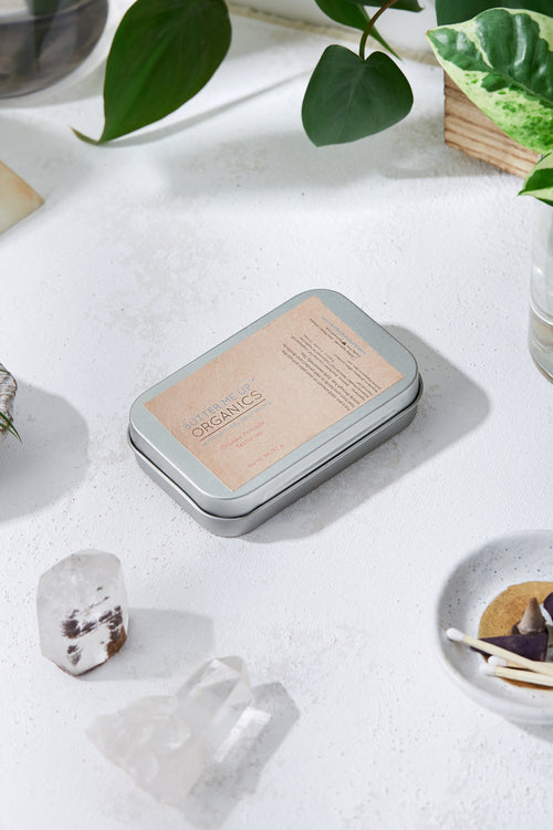 Organic Pomade Hair Wax Styling Gel tin with beeswax shea butter label and recycled paper packaging