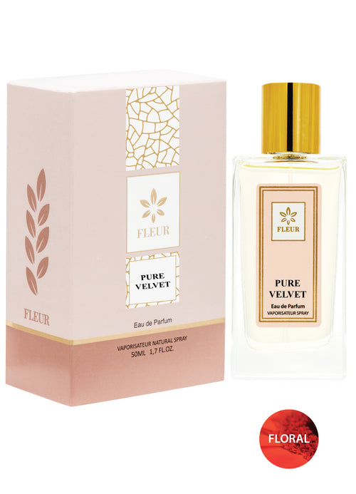 PURE VELVET Eau de Parfum bottle with label Pure Velvet, vanilla peach and sandalwood fragrance cues