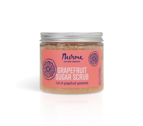 Grapefruit Sugar Scrub 250g jar showing coarse sugar crystals label with grapefruit and pink clay elements