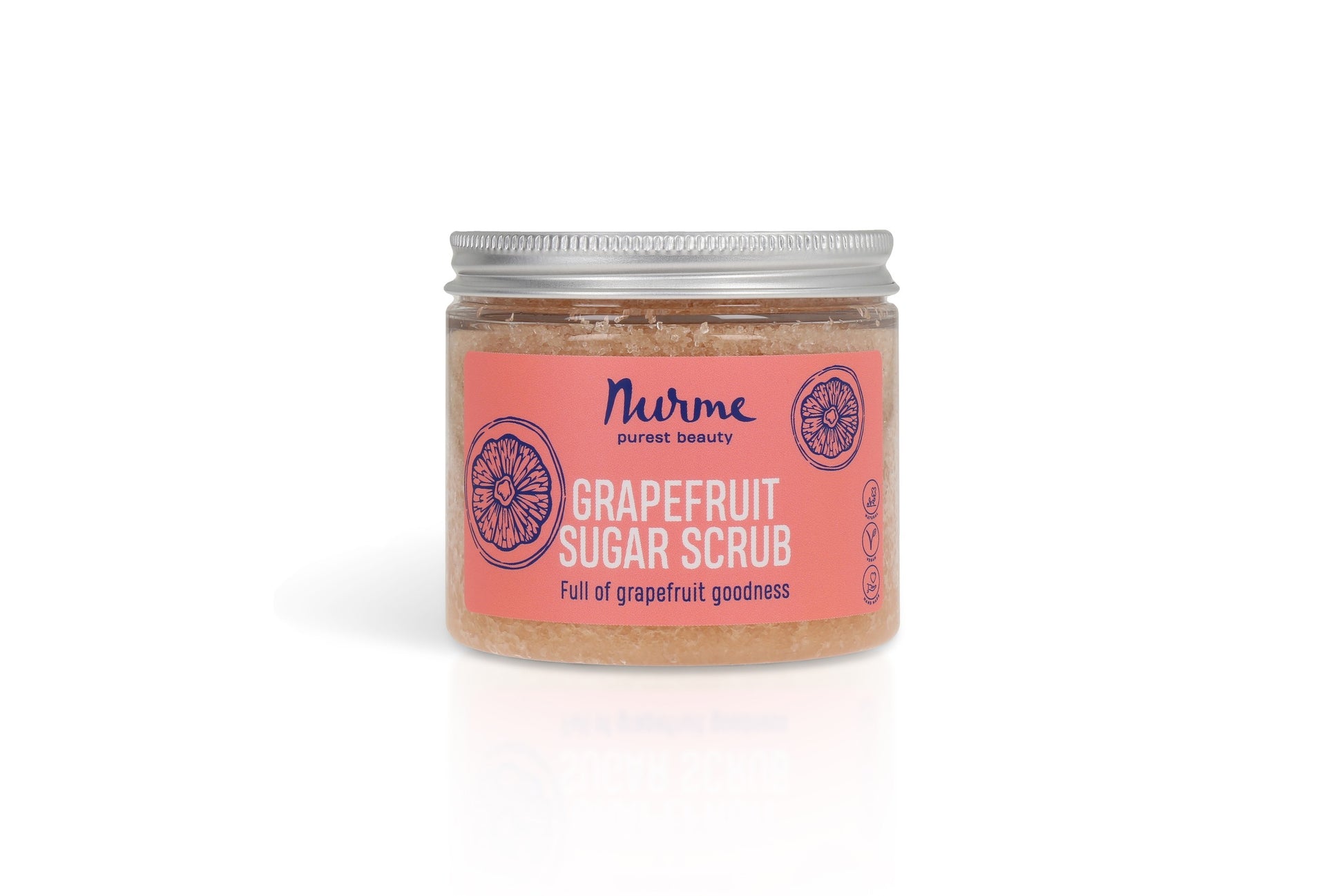 Grapefruit Sugar Scrub 250g jar showing coarse sugar crystals label with grapefruit and pink clay elements