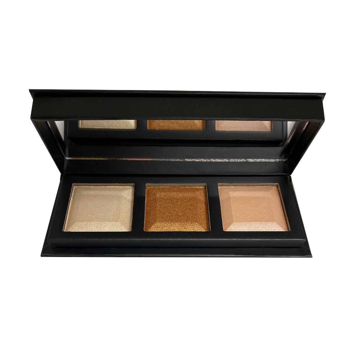 Essence 3-shade highlighter palette with mica shimmer pans in light gold pink and bronze compact powder texture