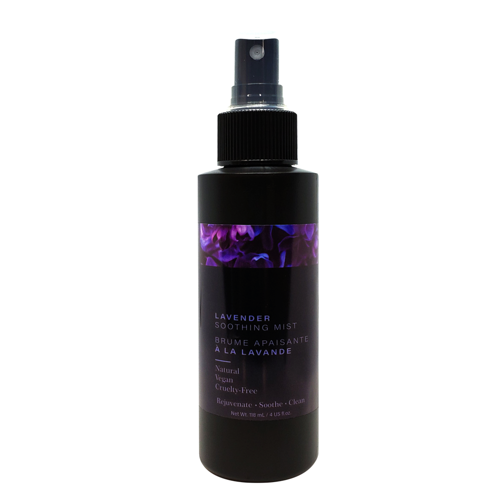 Soothing Lavender Face Mist 4oz spray bottle labeled vegan cruelty-free made in Canada with botanical ingredients