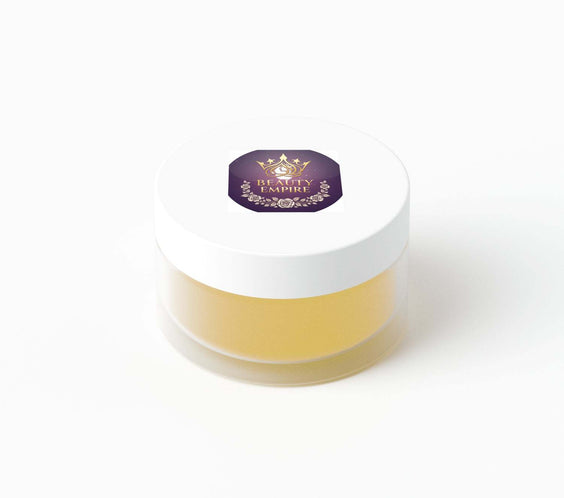 Banana Lip Conditioner 15mL jar labeled shea butter avocado and Inca Inchi oils antioxidant-rich made in Canada