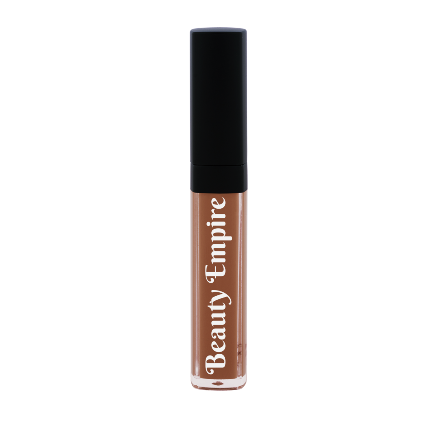 Brandy liquid lipstick tube with matte satin swatch highlighting avocado oil and Vitamin E moisturizing formula