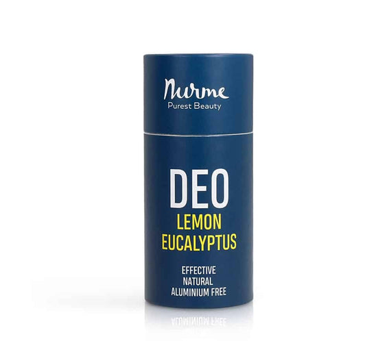 Natural deodorant Lemon & Eucalyptus 80g in cardboard tube showing solid stick and recyclable packaging