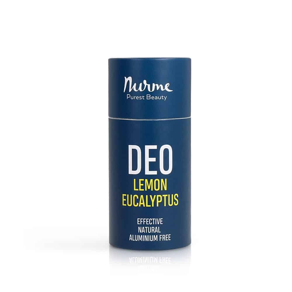 Natural deodorant Lemon & Eucalyptus 80g in cardboard tube showing solid stick and recyclable packaging