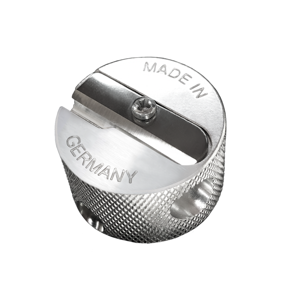 Metal double-ended cosmetic pencil sharpener Germany 2-hole 8/12 mm stainless steel blades with shavings container