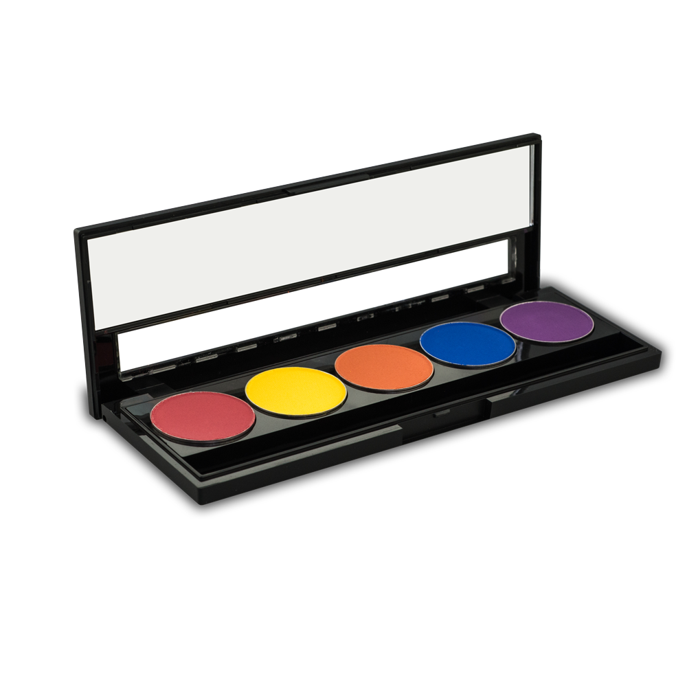 Vivid 5-pan eyeshadow palette with 26mm pans showing mix of shimmering and satin shades high pigment paraben-free