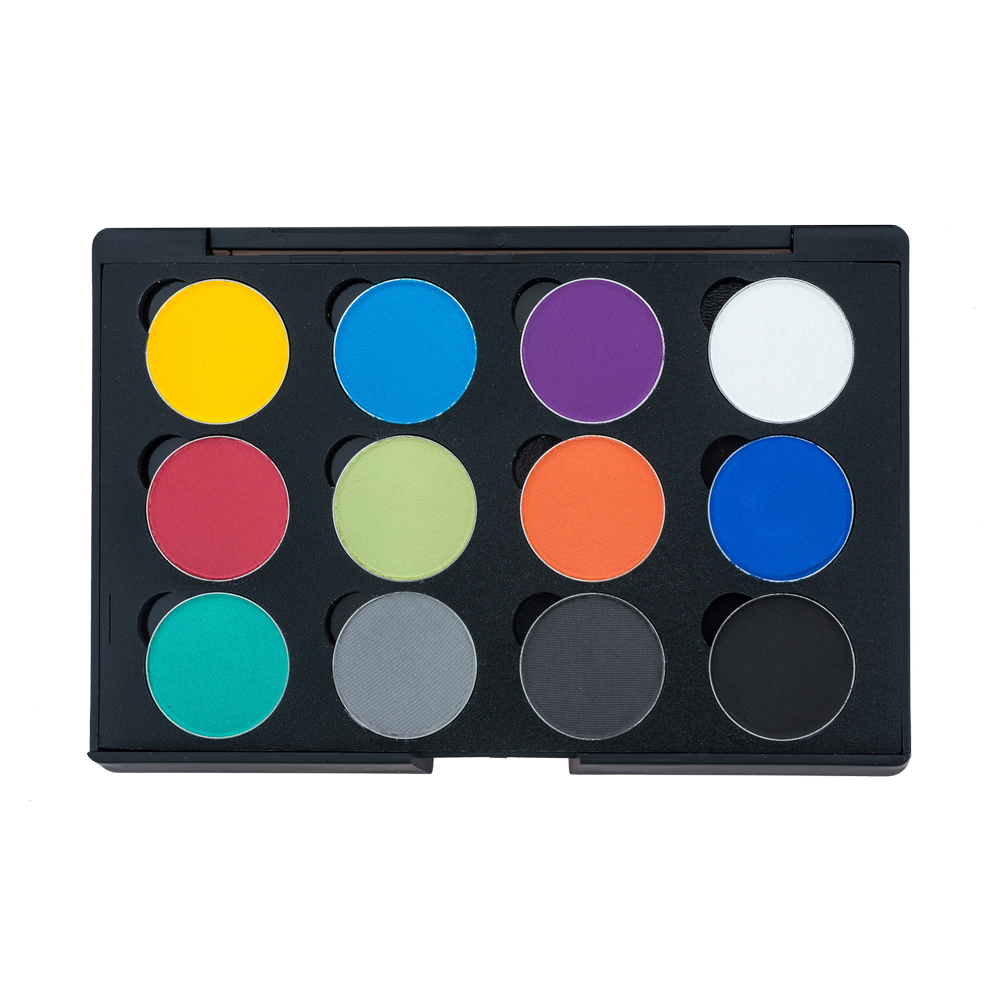 Eyeshadow Palette Vibrant 12-shade compact with silky creamy texture high-pigment shimmer and matte pans Made in Canada