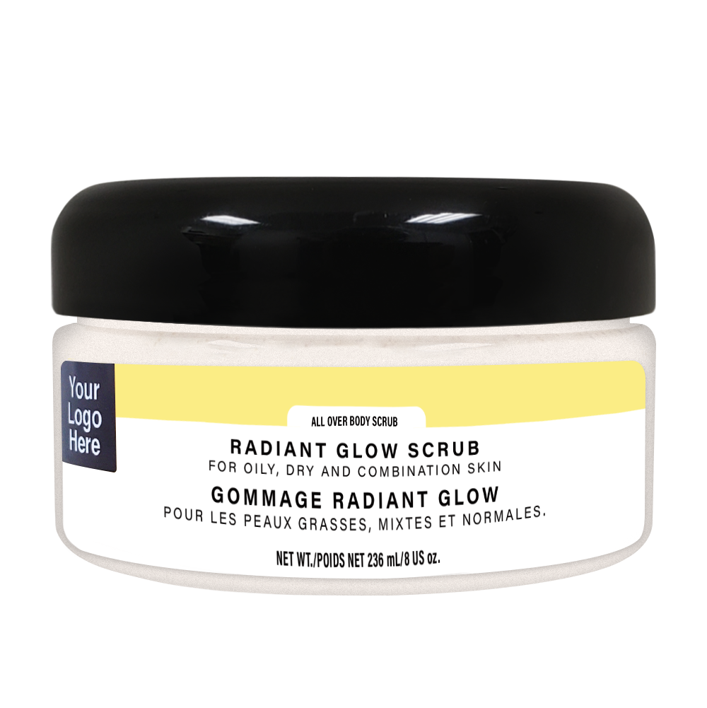 Radiant Glow Salt Face Scrub jar showing coarse salt exfoliant texture and Made in Canada label