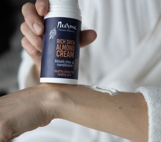 Organic Rich Shea & Almond Cream 100ml jar labeled Made in Estonia natural almond scent for sensitive skin