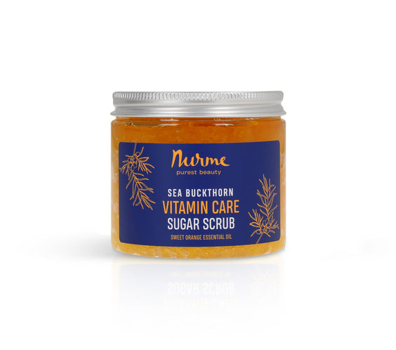 Sea Buckthorn and Orange Sugar Scrub 250g jar with visible sugar crystals and citrus oil label Made in Estonia