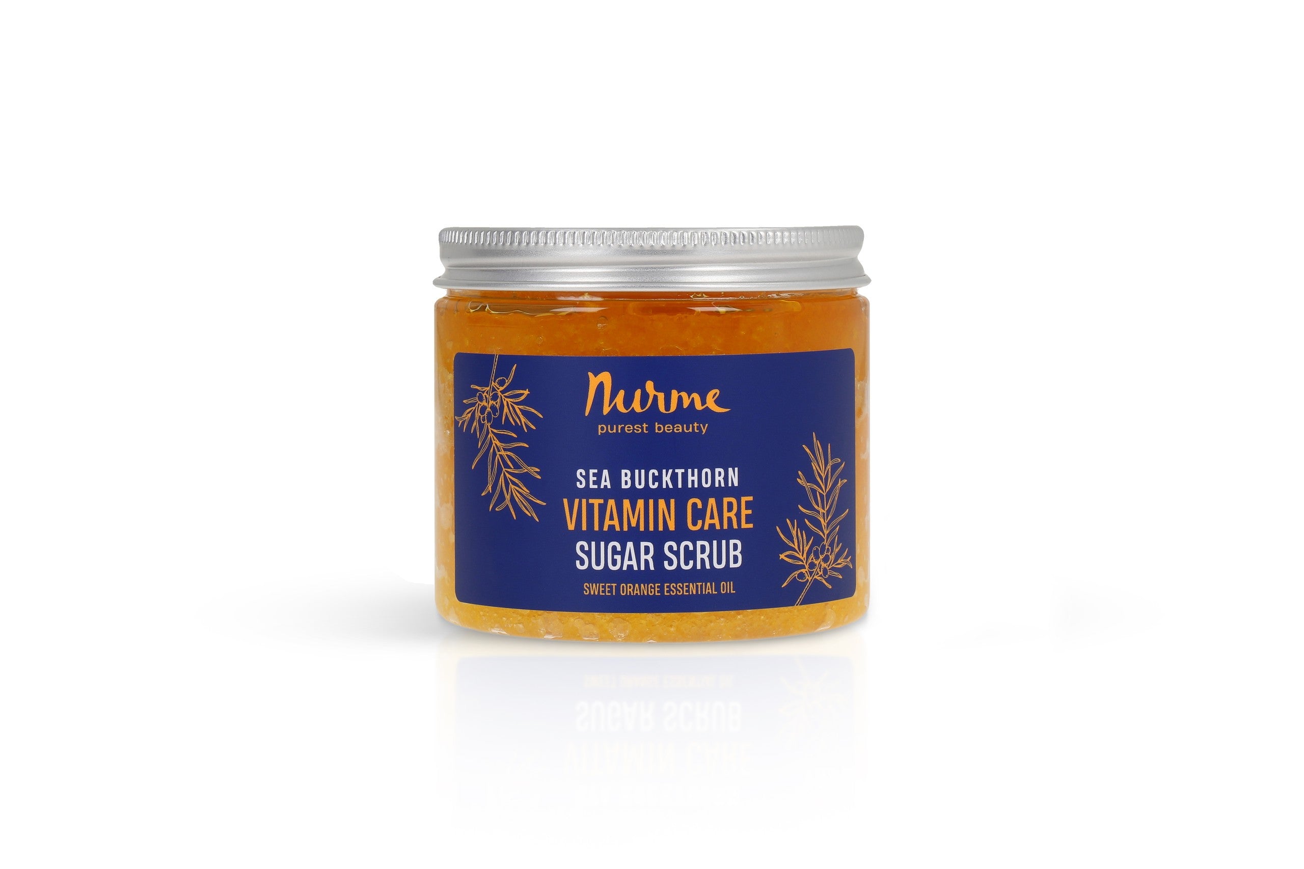 Sea Buckthorn and Orange Sugar Scrub 250g jar with visible sugar crystals and citrus oil label Made in Estonia