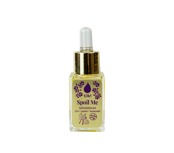Spoil Me Anti-Ageing Face Serum 15ml amber bottle with dropper labelled Q10 and botanical oils
