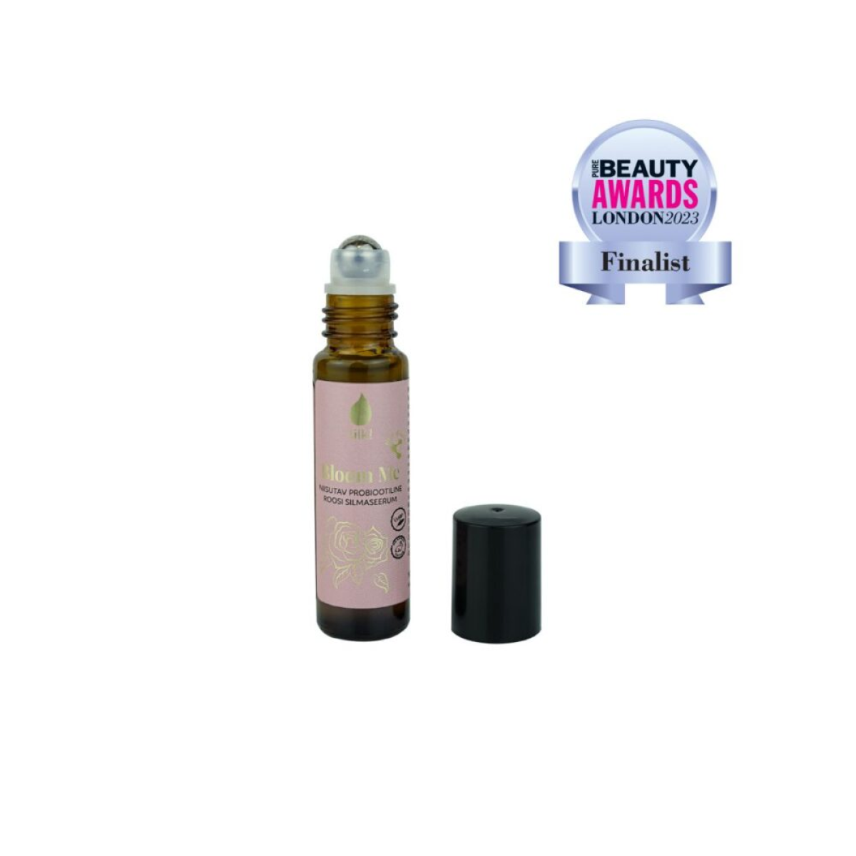 Bloom Me 10ml Probiotic Rose Eye Serum bottle labeled hyaluronic acid provitamin B5 natural vegan