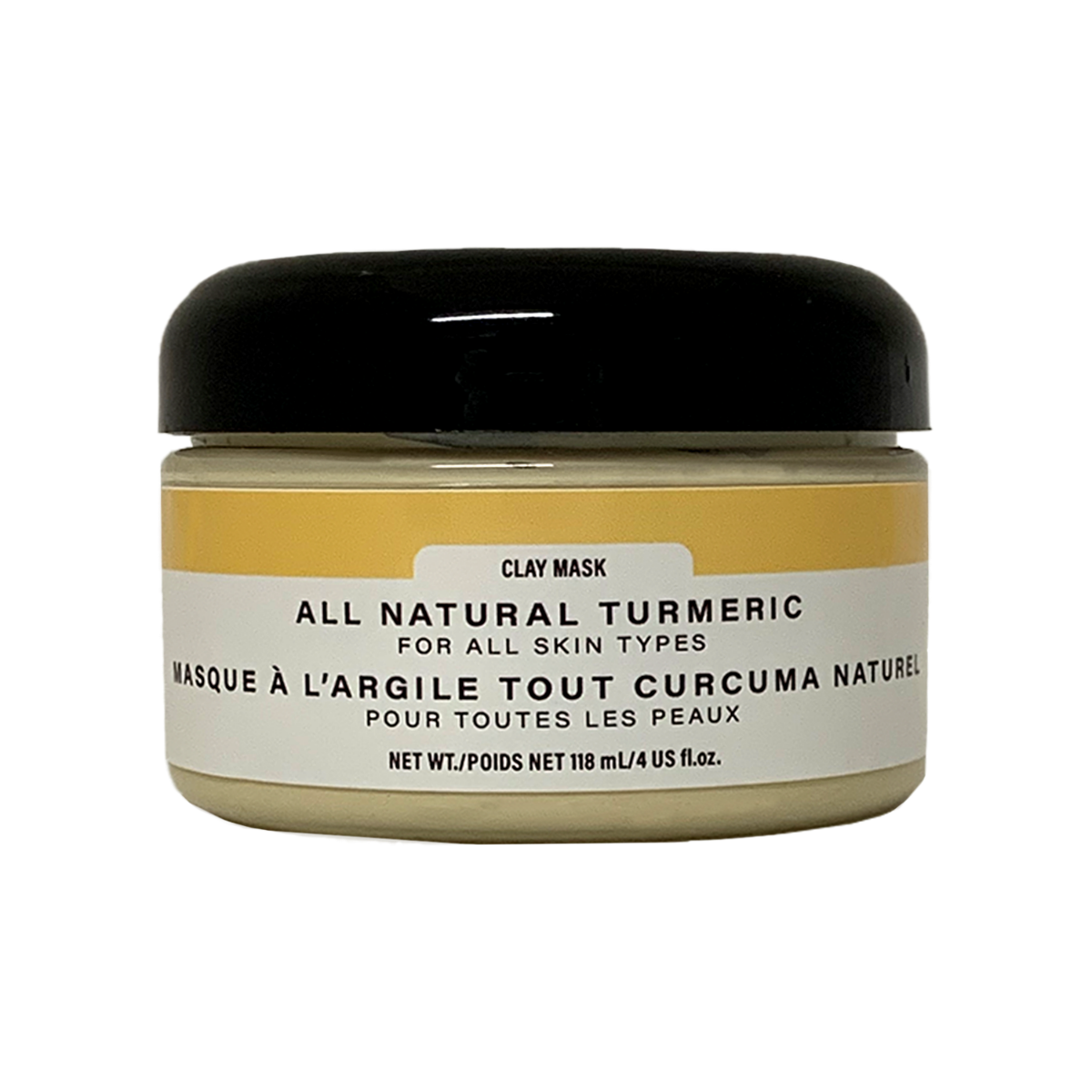 Clay Mask All Natural Turmeric jar with yellow turmeric-infused clay texture labeled All Skin Types