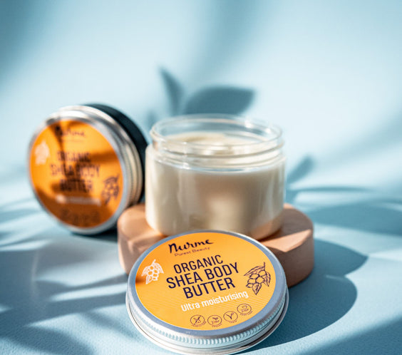 Ultra Moisturising Shea Body Butter 150ml jar creamy texture labeled shea sunflower oil vitamin E made in Estonia